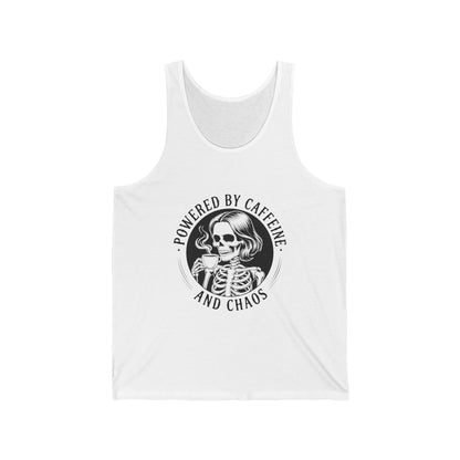 Powered by Caffeine and Chaos jersey tank top with retro print