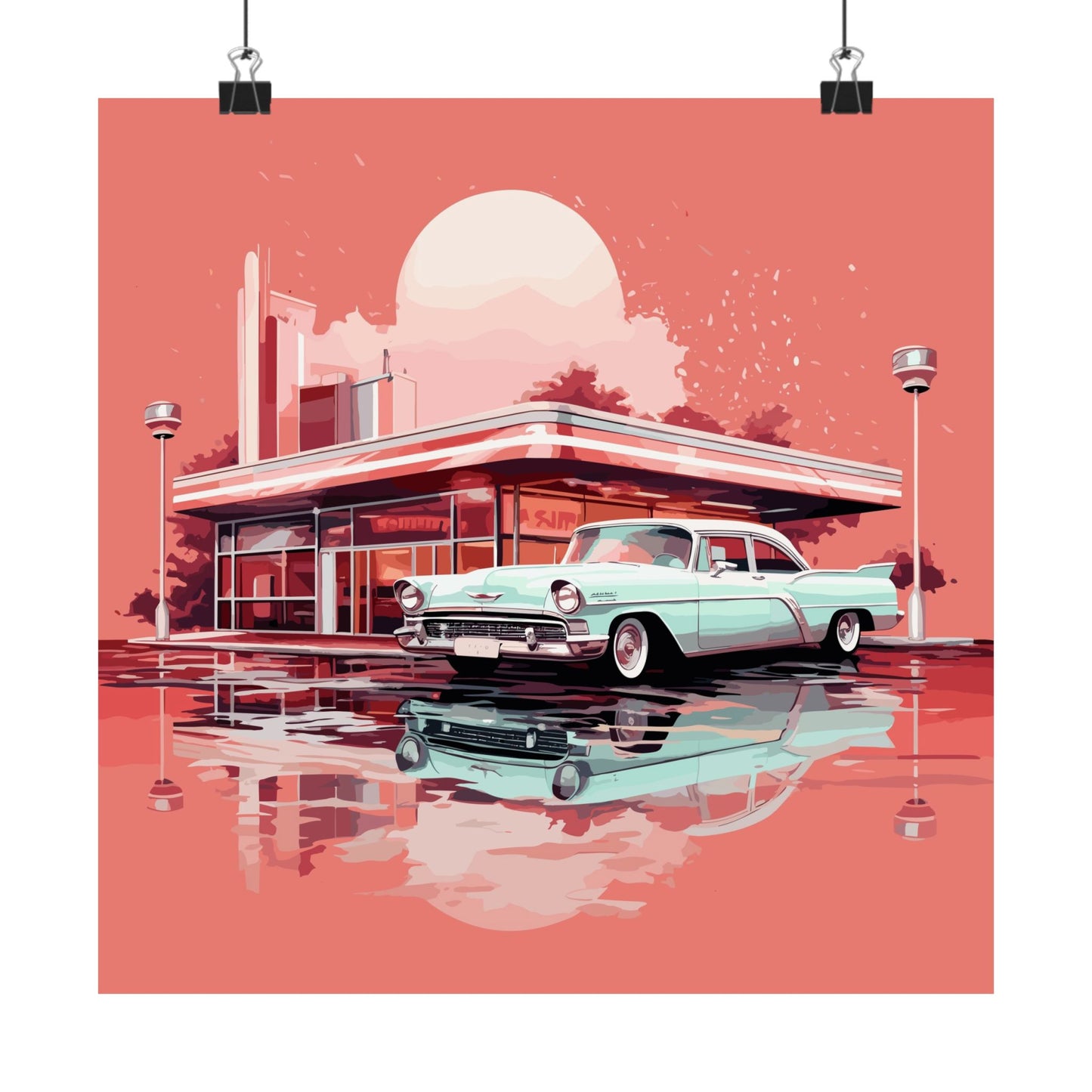 Chrome & Neon Diner retro vintage art square matte art print with retro diner design