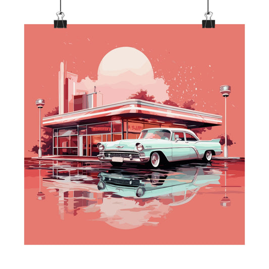 Chrome & Neon Diner retro vintage art square matte art print with retro diner design