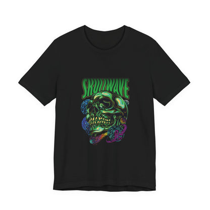 Skullwave psychedelic melting skull streetwear t-shirt in green and purple graffiti style on black