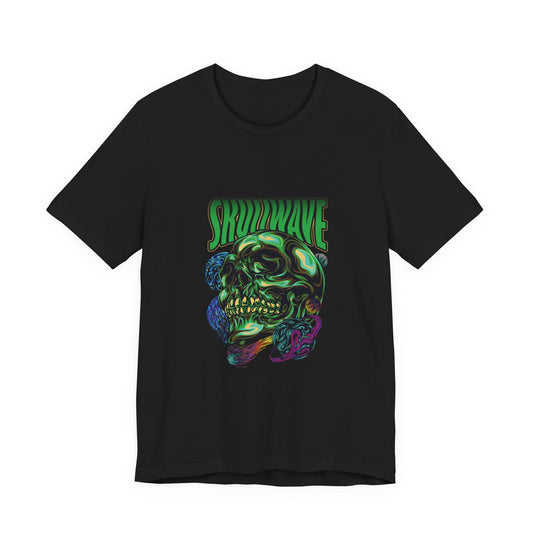 Skullwave psychedelic melting skull streetwear t-shirt in green and purple graffiti style on black