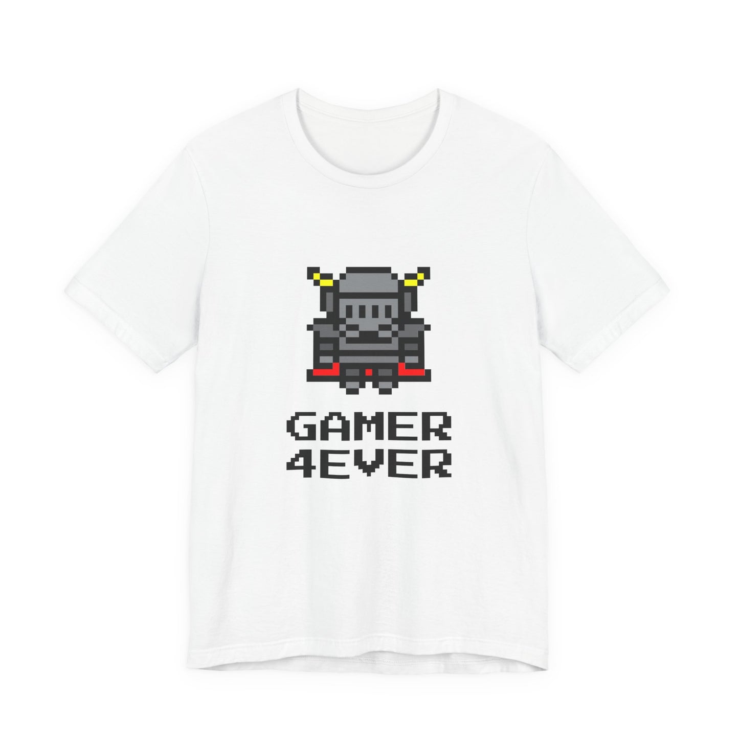 Gamer 4Ever pixel art knight t-shirt with 8 bit retro gaming design on a white unisex tee