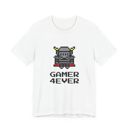 Gamer 4Ever pixel art knight t-shirt with 8 bit retro gaming design on a white unisex tee