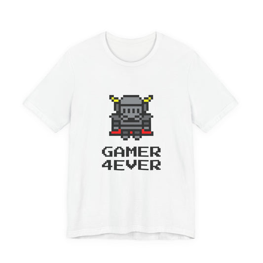 Gamer 4Ever pixel art knight t-shirt with 8 bit retro gaming design on a white unisex tee