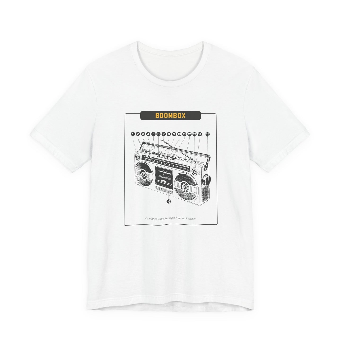Boombox Blueprint schematic soft Bella Canvas unisex tee on light shirt