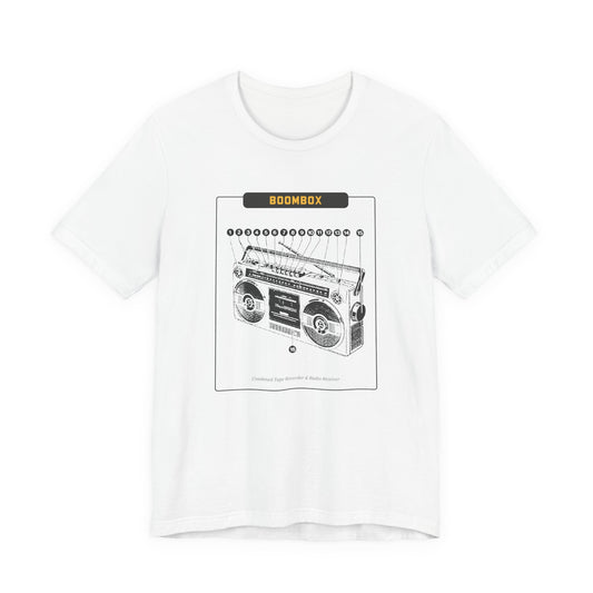 Boombox Blueprint schematic soft Bella Canvas unisex tee on light shirt