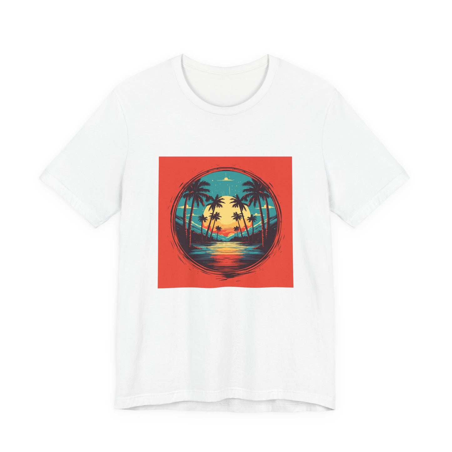 Palm Island retro vintage art unisex t-shirt with retro palm sunset design