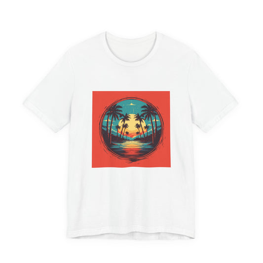 Palm Island retro vintage art unisex t-shirt with retro palm sunset design