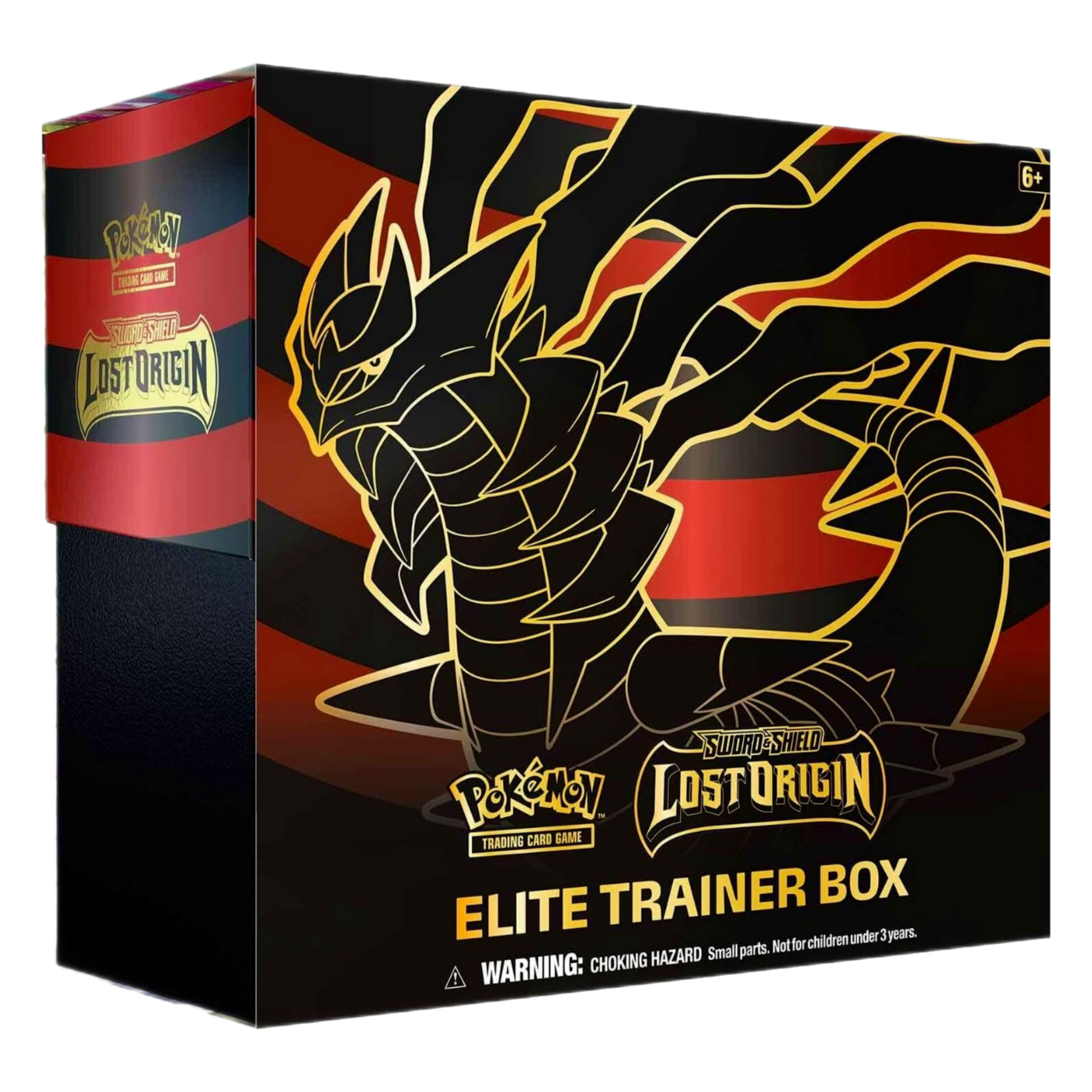 Black and red box with gold dragon-like creature, labeled "Elite Trainer Box: Lost Origin."