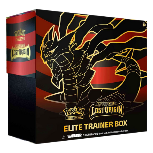 Black and red box with gold dragon-like creature, labeled "Elite Trainer Box: Lost Origin."