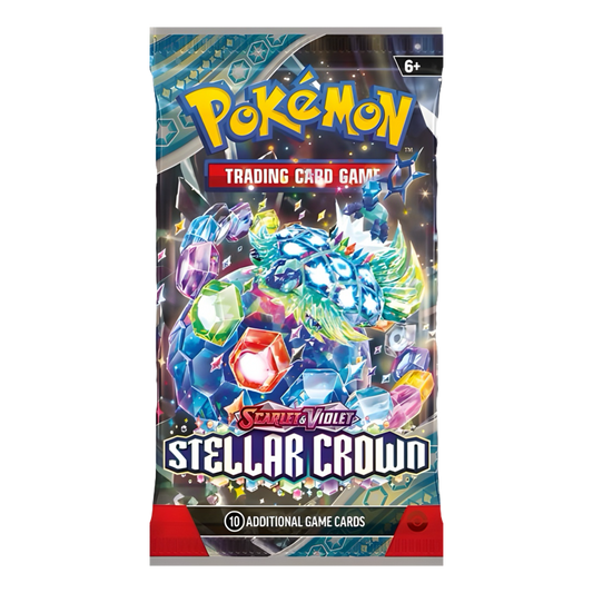 Colorful "Pokémon Trading Card Game" pack with gem-like creature and text "Stellar Crown."