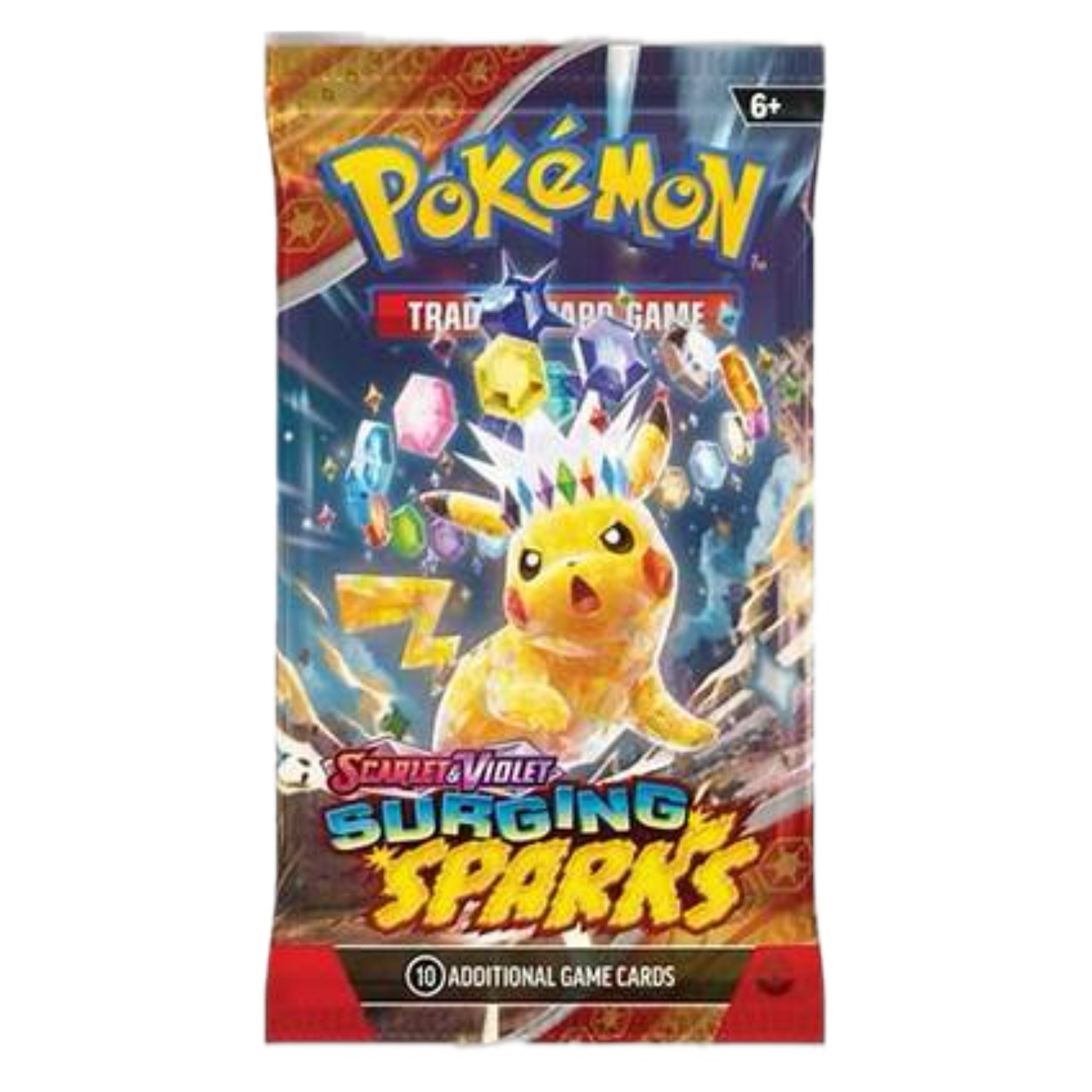 Colorful Pokémon card pack featuring Pikachu with colorful energy bursts and "Surging Sparks" text.