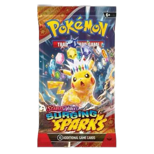 Colorful Pokémon card pack featuring Pikachu with colorful energy bursts and "Surging Sparks" text.