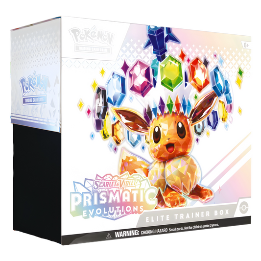 Box with colorful crystals, a prismatic Eevee, and "Prismatic Evolutions Elite Trainer Box" text.