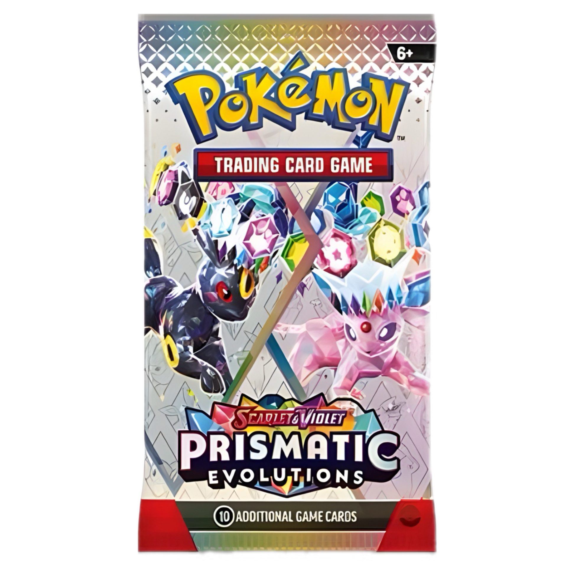 Pokemon card pack with colorful gem designs, featuring two creatures and the title "Prismatic Evolutions."
