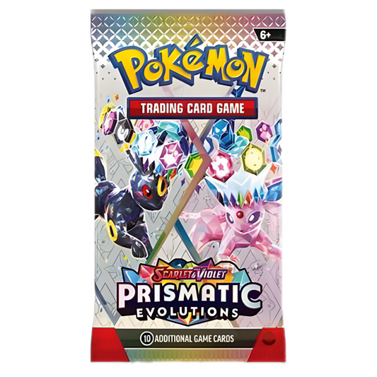 Pokemon card pack with colorful gem designs, featuring two creatures and the title "Prismatic Evolutions."