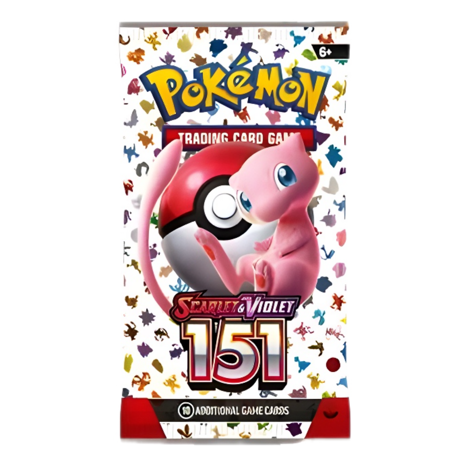 Pokemon card pack with pink creature, Pokeball, colorful icons, and "Scarlet & Violet 151" text.