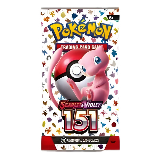 Pokemon card pack with pink creature, Pokeball, colorful icons, and "Scarlet & Violet 151" text.