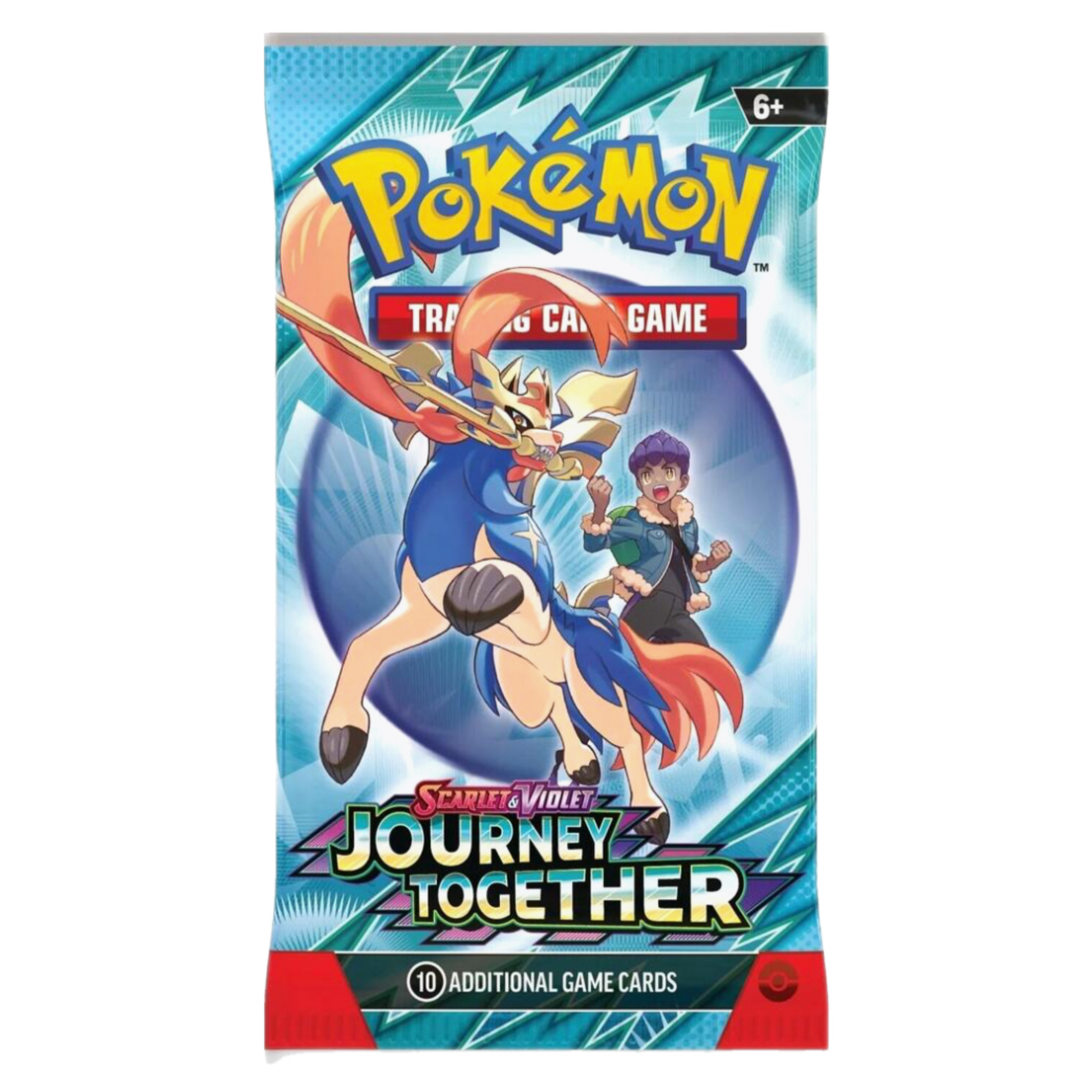 Pokémon card pack with colorful characters and "Journey Together" text on a blue background.
