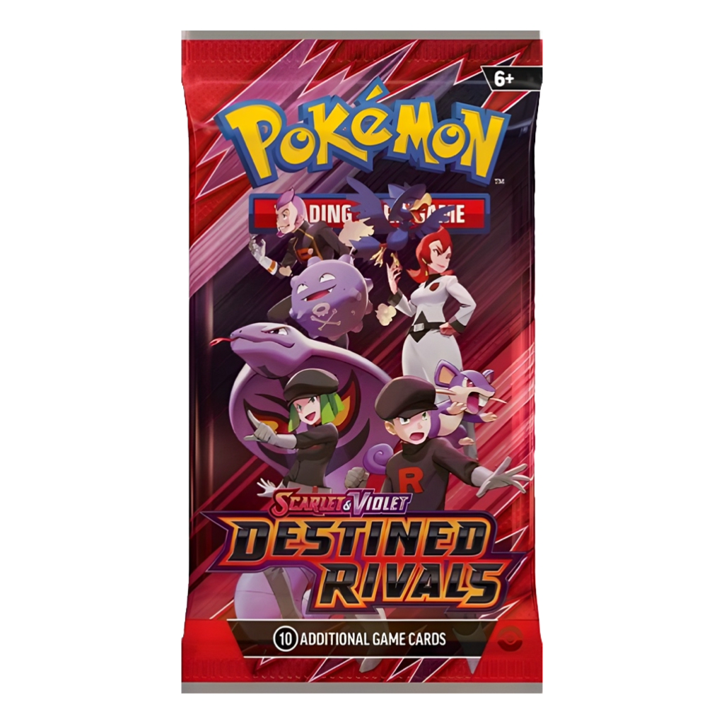 Pokémon card pack with Team Rocket characters, bright red and purple tones, text "Destined Rivals."