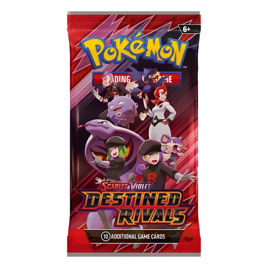 Pokémon card pack with Team Rocket characters, bright red and purple tones, text "Destined Rivals."