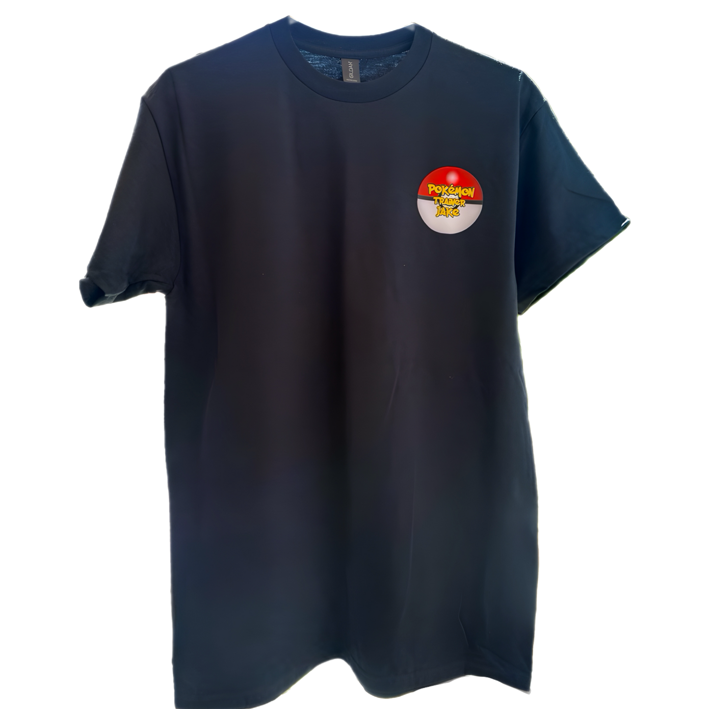 Black T-shirt with red and white circular logo on the upper left chest area.
