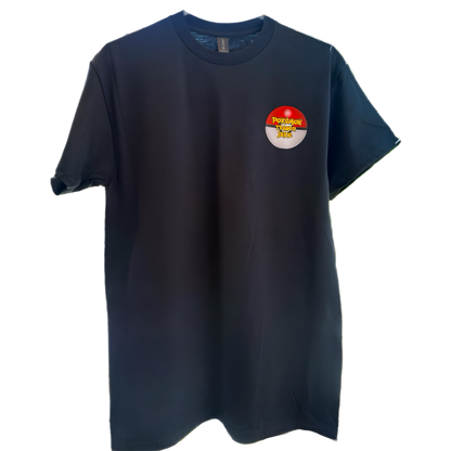 Black T-shirt with red and white circular logo on the upper left chest area.