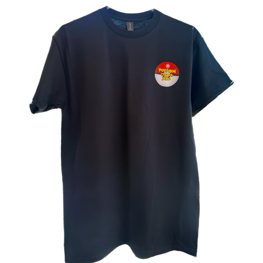 Black T-shirt with red and white circular logo on the upper left chest area.