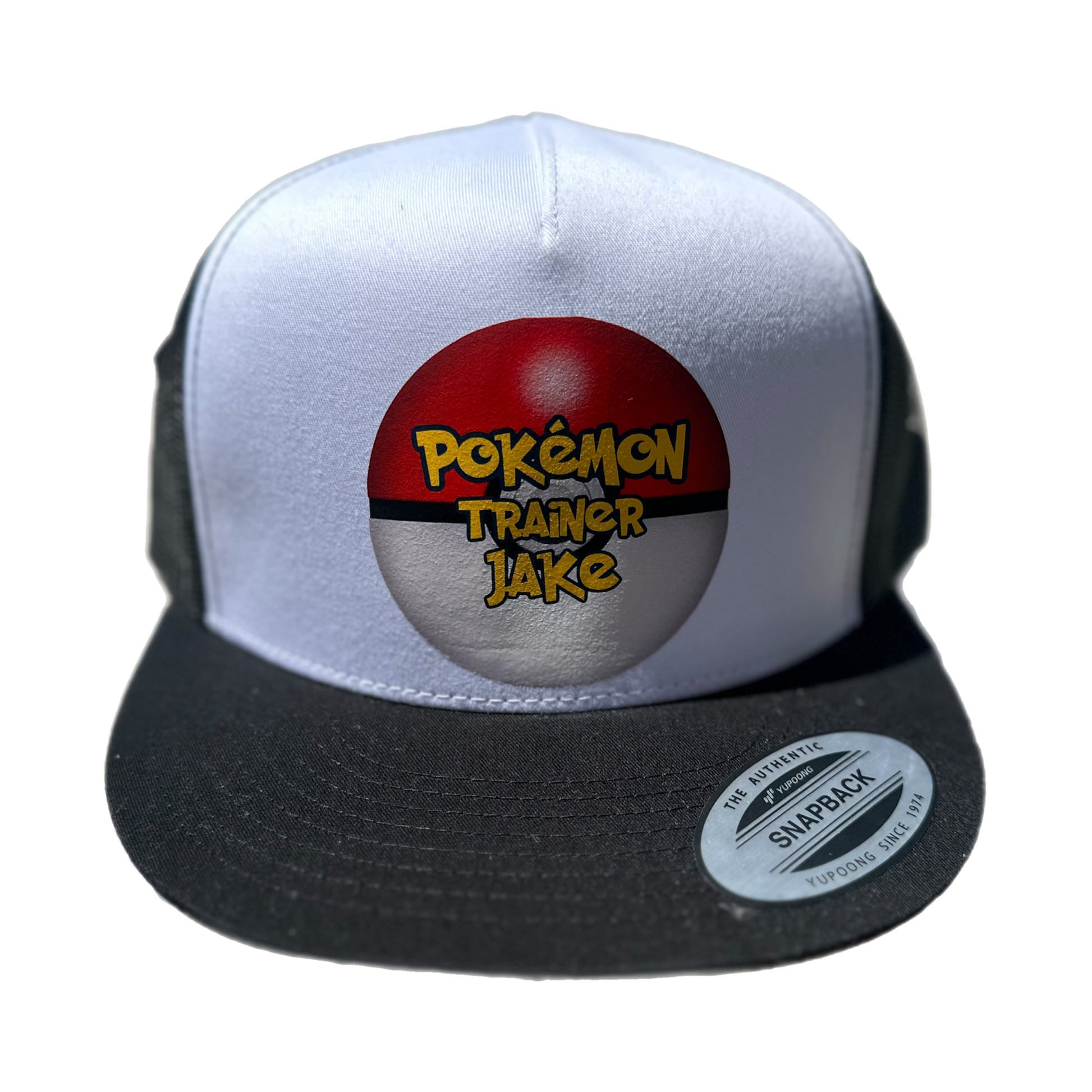 White cap with black brim, featuring a red and white Poké Ball logo and yellow text.