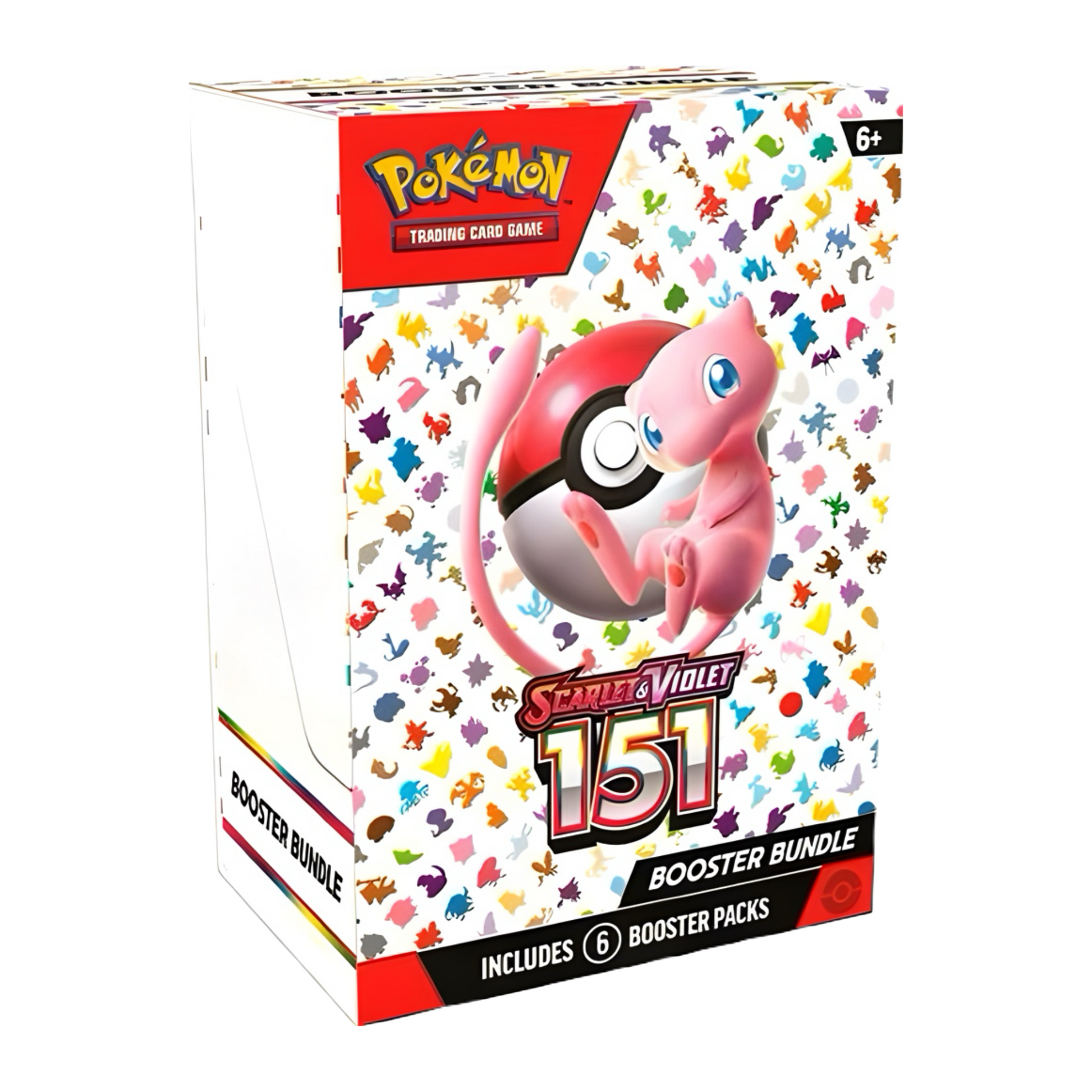 Pokémon card box with a pink creature, Poké Ball, colorful symbols, and "Scarlet & Violet 151".