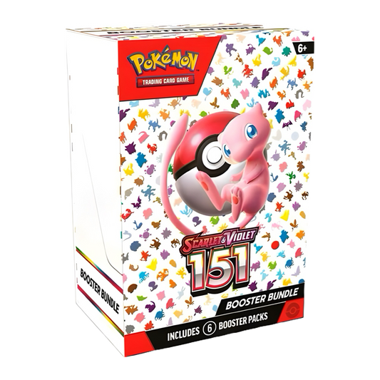 Pokémon card box with a pink creature, Poké Ball, colorful symbols, and "Scarlet & Violet 151".