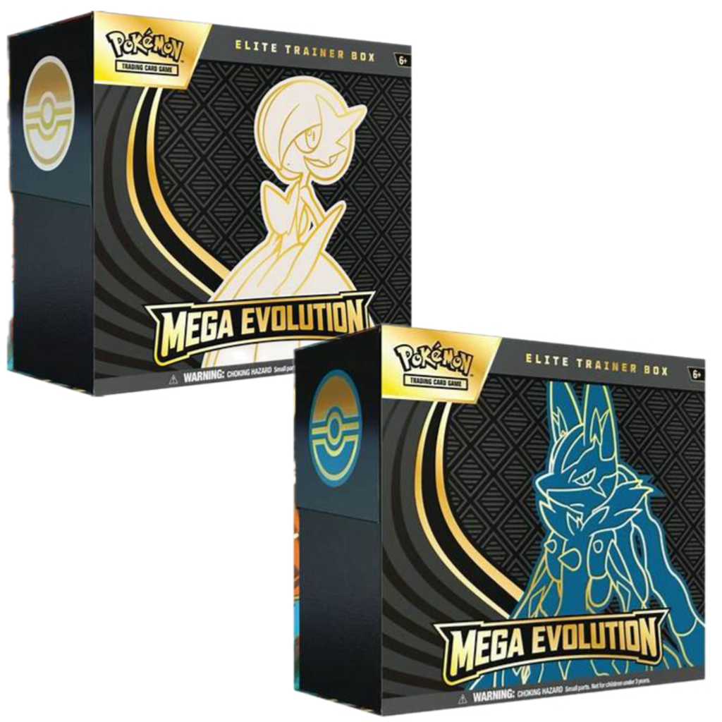 Two black boxes with yellow and blue outlines of characters, labeled "Mega Evolution."