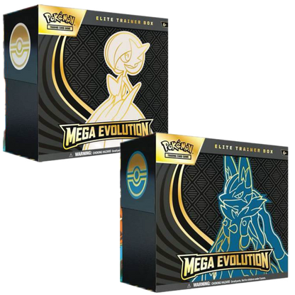 Two black boxes with yellow and blue outlines of characters, labeled "Mega Evolution."