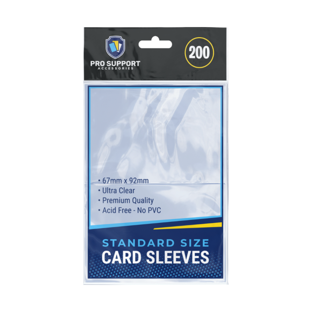 Clear card sleeves packaging with "Standard Size" text, blue and black colors, holding 200 sleeves.