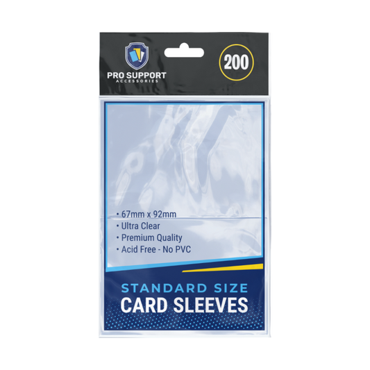 Clear card sleeves packaging with "Standard Size" text, blue and black colors, holding 200 sleeves.