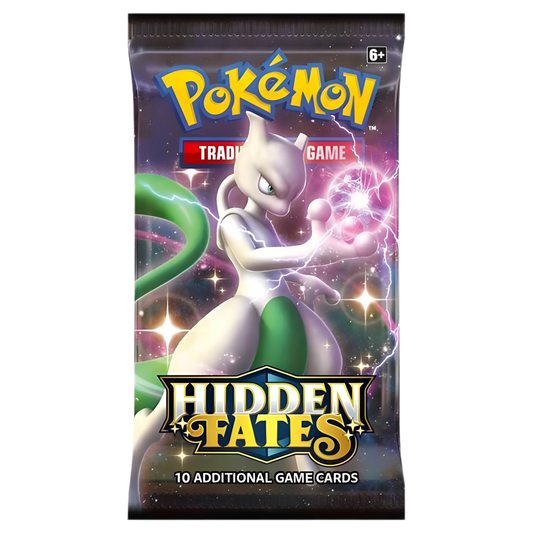 A Mewtwo Pokémon card pack with glowing purple aura, green tail, and "Hidden Fates" text.