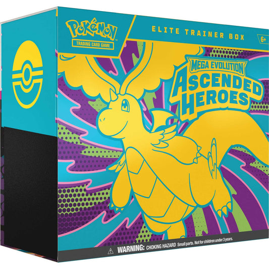 Pokémon TCG Mega Evolution—Ascended Heroes Elite Trainer Box, standard 9-pack edition reference image featuring Mega Dragonite