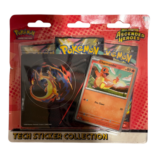 Actual sealed Pokémon TCG Ascended Heroes Charmander Tech Sticker Collection, red packaging with visible handling wear
