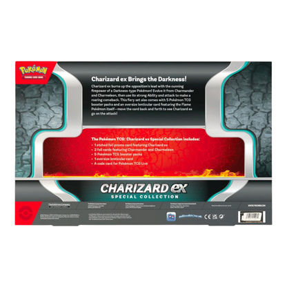 Pokémon TCG Charizard ex Special Collection — back reference with the UPC label copied from our actual packaging, listing 5 booster packs and an oversized lenticular card