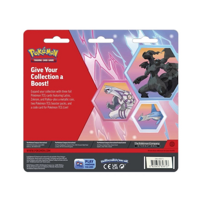 Pokémon TCG Enhanced 2-Pack Blister — back reference with the UPC label copied from our actual packaging; Latios, Zekrom and Palkia sealed blister contents