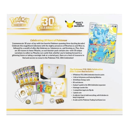 Pokémon TCG 30th Celebration Elite Trainer Box — regular edition back and contents reference showing 9 booster packs and the included Nidorina promo card