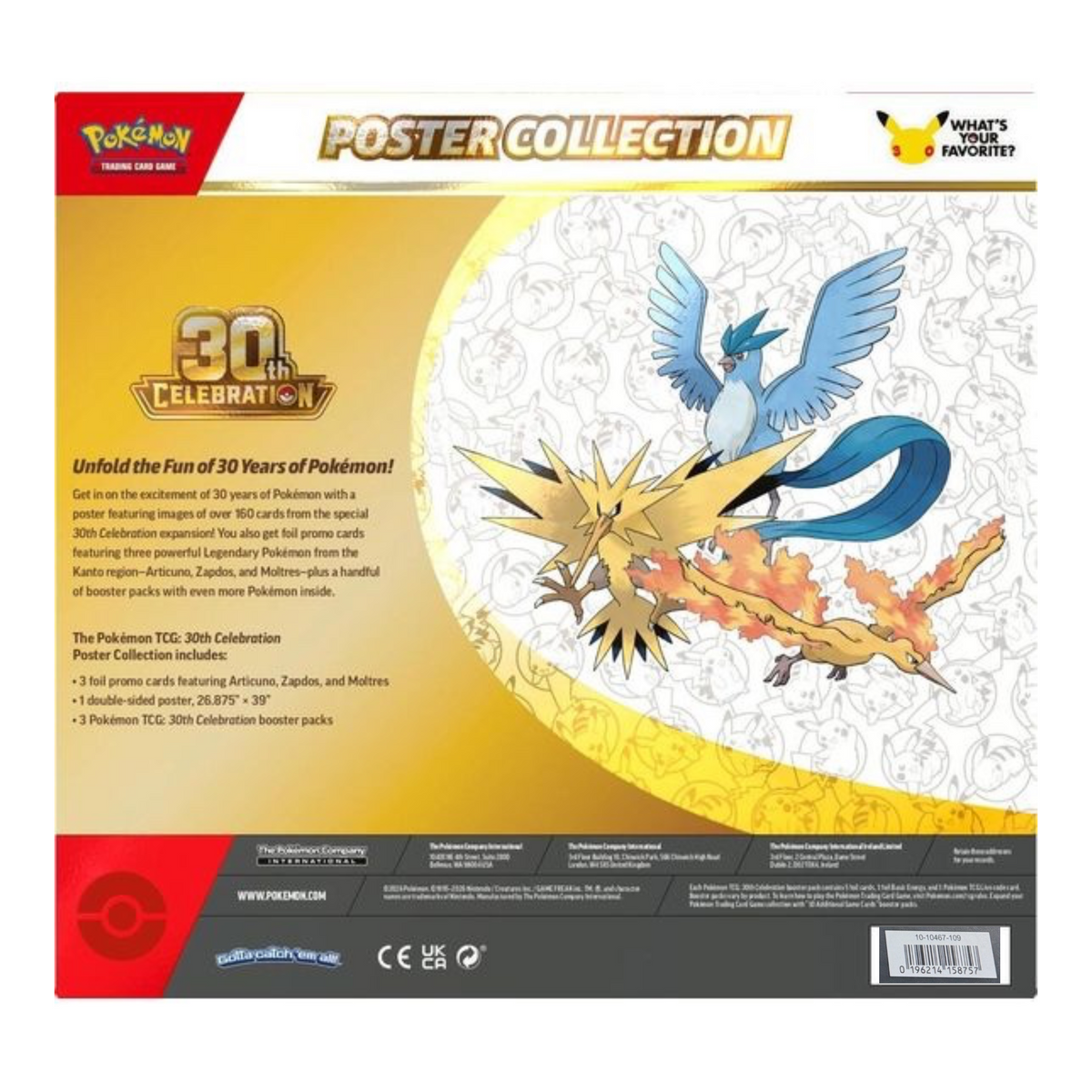 Pokémon TCG 30th Celebration Poster Collection — back reference with the UPC label from our actual packaging, showing included Articuno, Zapdos and Moltres cards, poster and 3 booster packs