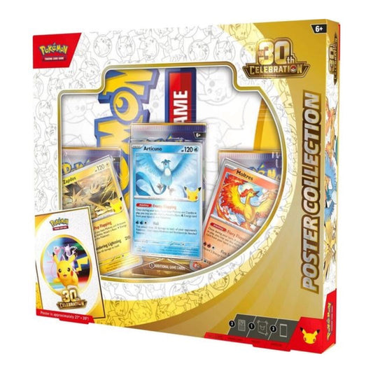 Pokémon TCG 30th Celebration Poster Collection — packaging front on a white background, with included Articuno, Zapdos and Moltres promo cards, poster and 3 booster packs