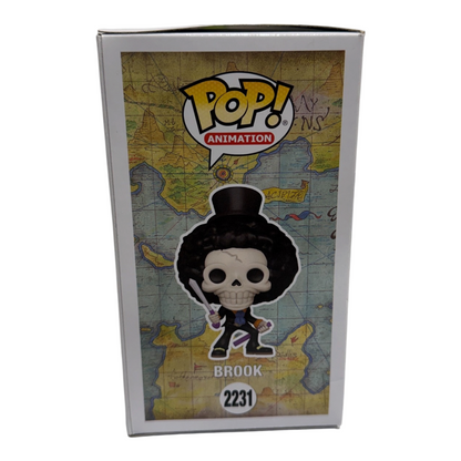 Illustrated side of Funko Pop! Brook with Soul Solid number 2231, showing packaging wear
