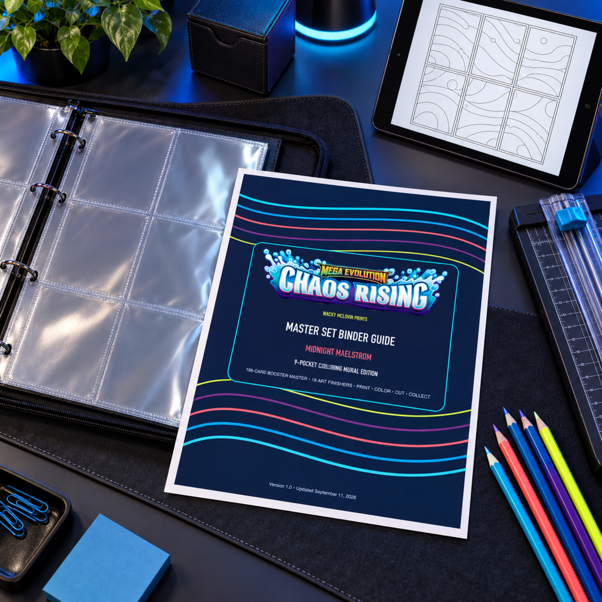 Chaos Rising printable binder guide premium collector desk mockup