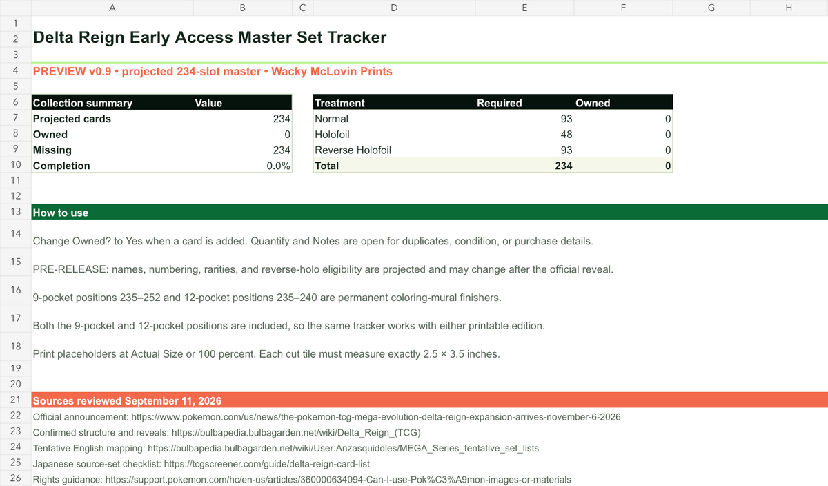 Editable Delta Reign master set checklist and collection tracker preview