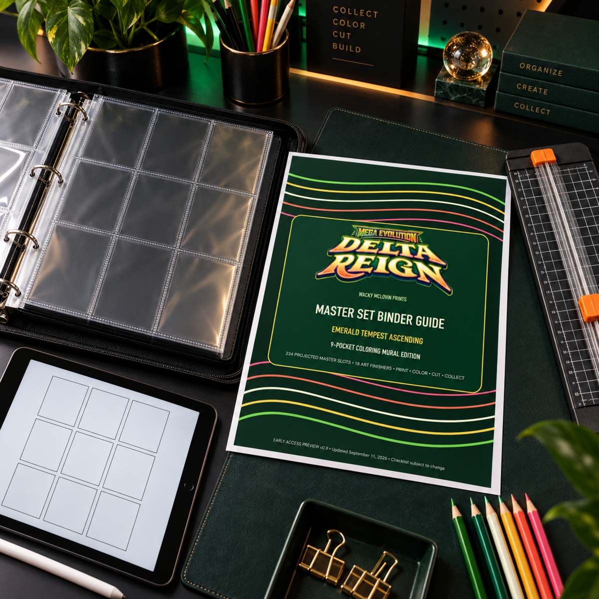 Delta Reign early access preview printable binder guide premium collector desk mockup