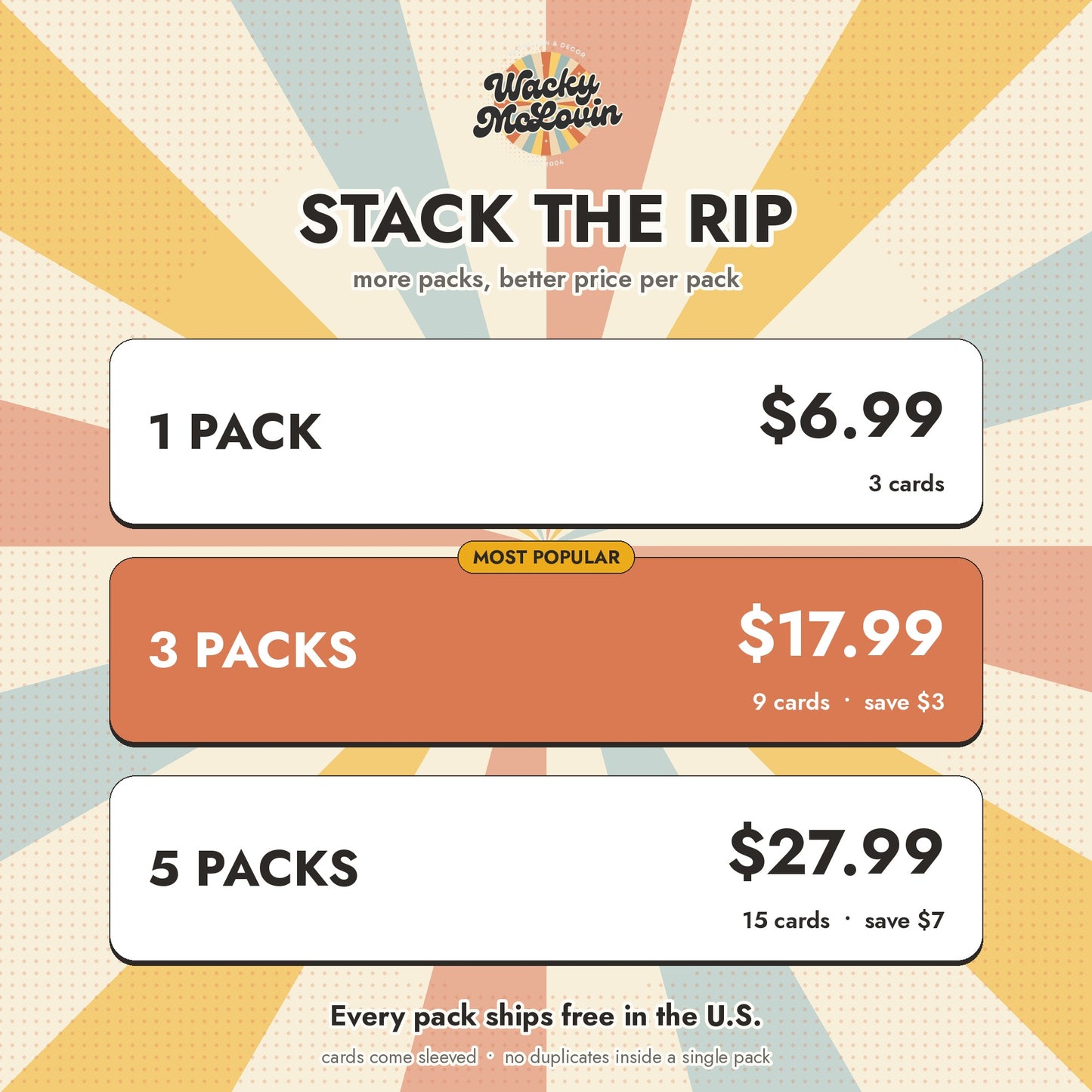 Pack pricing: 1 pack $6.99, 3 packs $17.99, 5 packs $27.99, all ship free