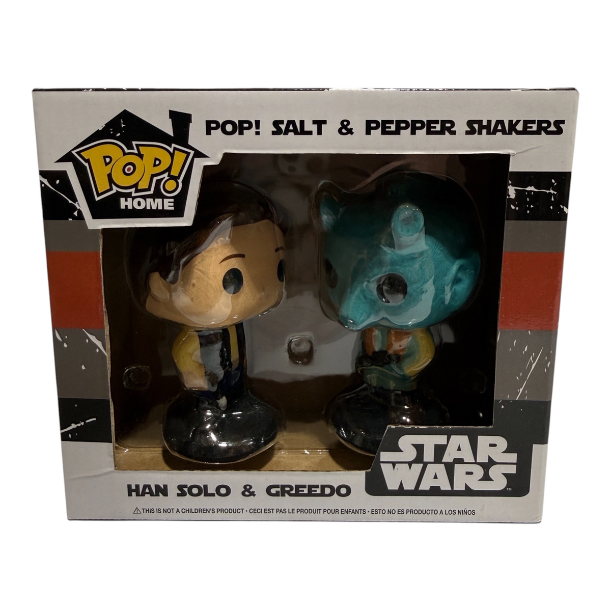 Funko Pop! Home Star Wars Han Solo and Greedo salt and pepper shakers, front of boxed two-piece set