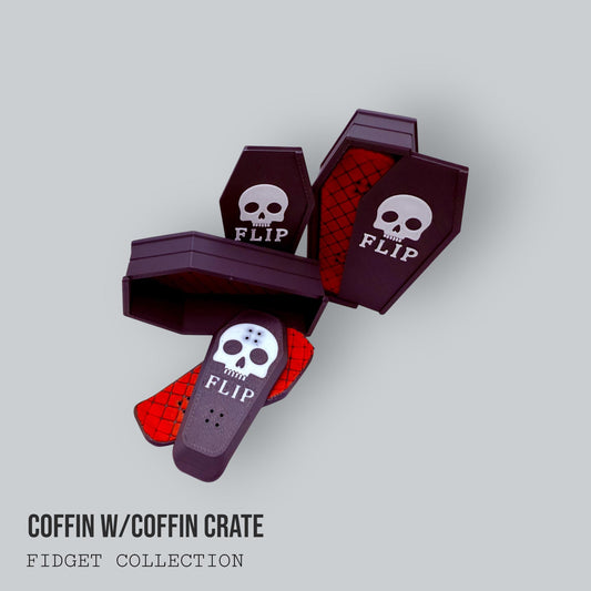 Kickflip Magnetic Fidget | Silent Click Desk Toy | Coffin Design with Matching Color Crate